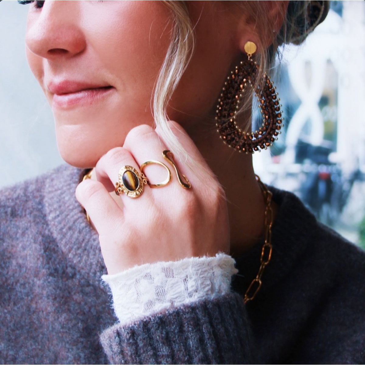 Statement ring met ovale steen - bruin