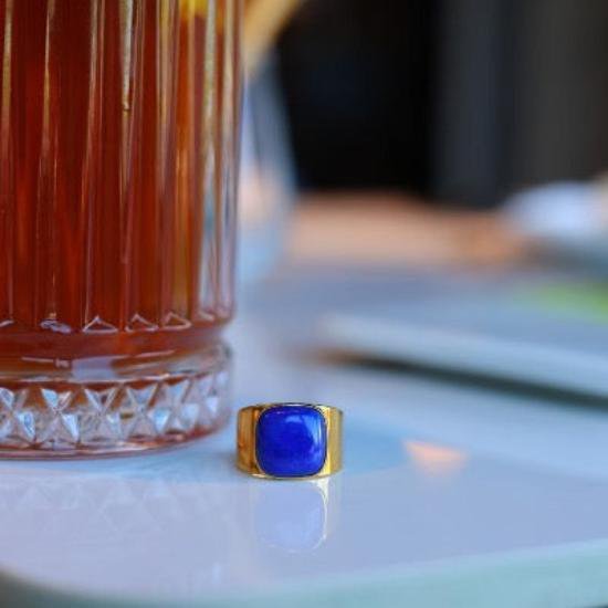 Bold look square lapis lazuli ring - adjustable